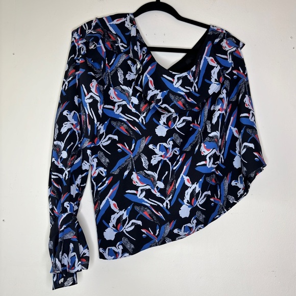 Tanya Taylor Orla Blue Black Red Flora One Shoulder Silk Ruffle Top Size 12 - Picture 6 of 12